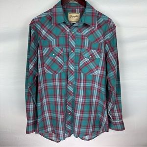 Wrangler Western Shirt Pearl Snap Mens Large Green Plaid Rodeo Long Sleeve Shirt